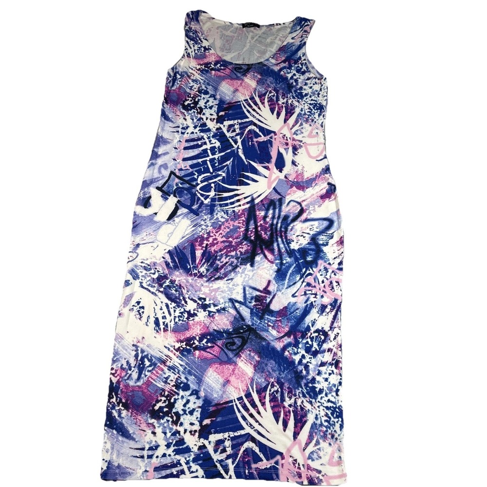 LOVE Women Blue Pink Abstract Tie Dye Maxi Dress Sleeveless Stretch Size L